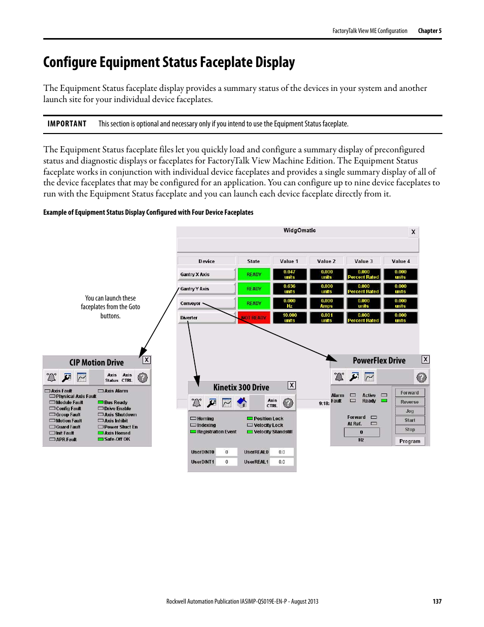 Configure equipment status faceplate display, Configure equipment status, Faceplate display | Configure equipment status faceplate display on | Rockwell Automation 193 Drives and Motion Accelerator Toolkit Quick Start User Manual | Page 137 / 356