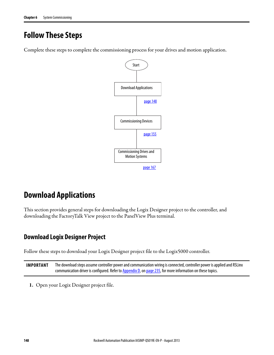 Follow these steps, Download applications, Download logix designer project | Follow these steps download applications | Rockwell Automation 193 Drives and Motion Accelerator Toolkit Quick Start User Manual | Page 148 / 356