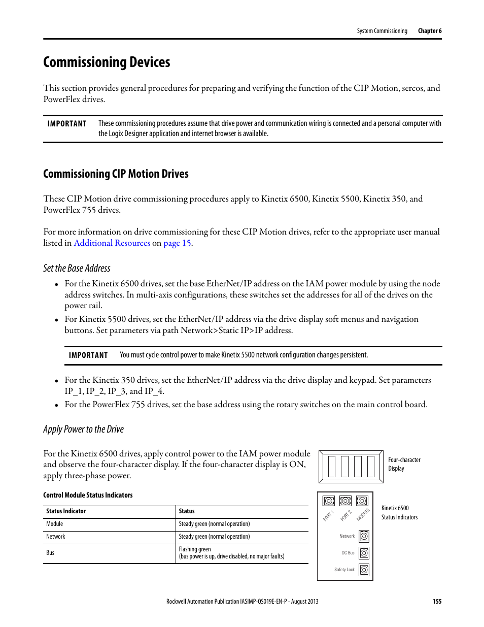 Commissioning devices, Commissioning cip motion drives, Set the base address | Apply power to the drive | Rockwell Automation 193 Drives and Motion Accelerator Toolkit Quick Start User Manual | Page 155 / 356