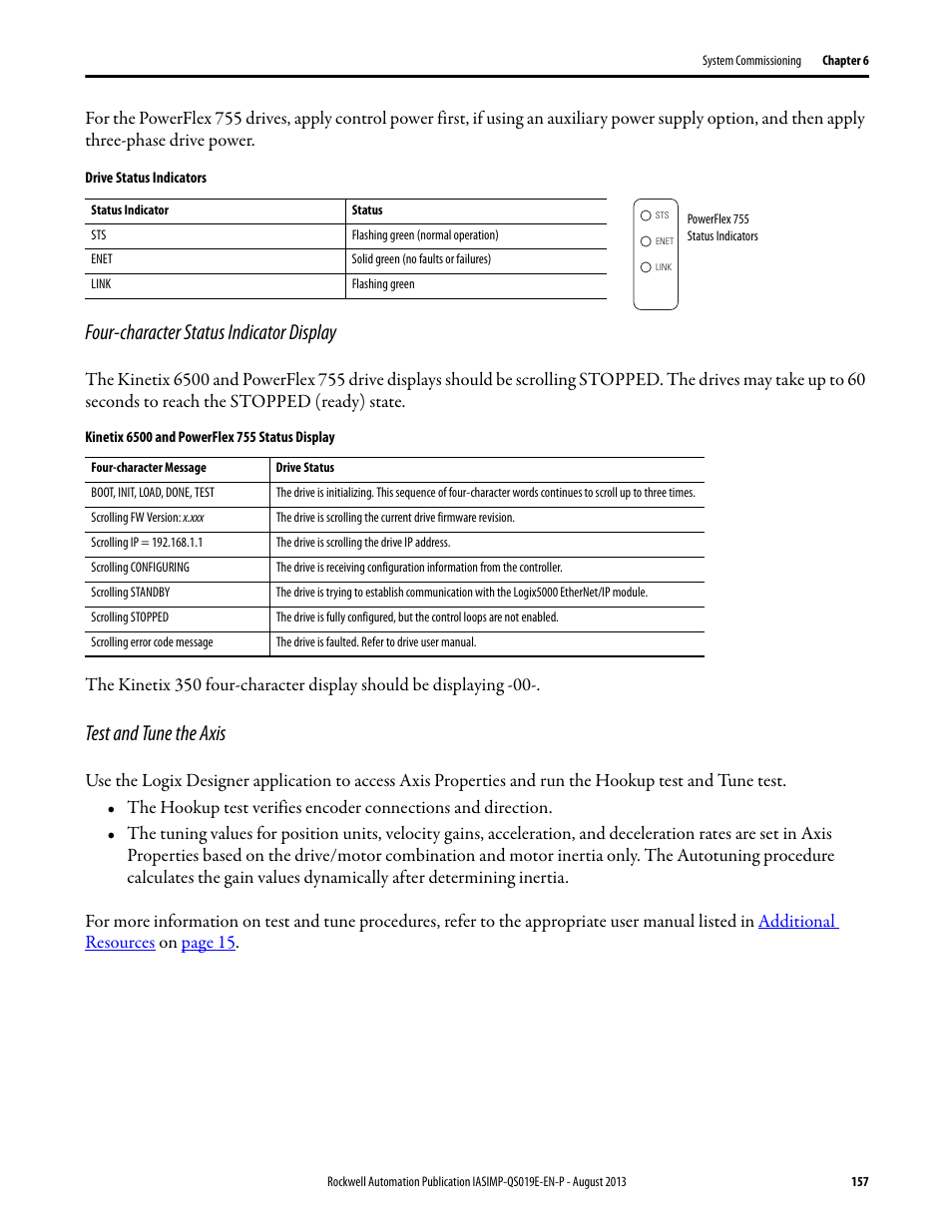 Four-character status indicator display, Test and tune the axis | Rockwell Automation 193 Drives and Motion Accelerator Toolkit Quick Start User Manual | Page 157 / 356