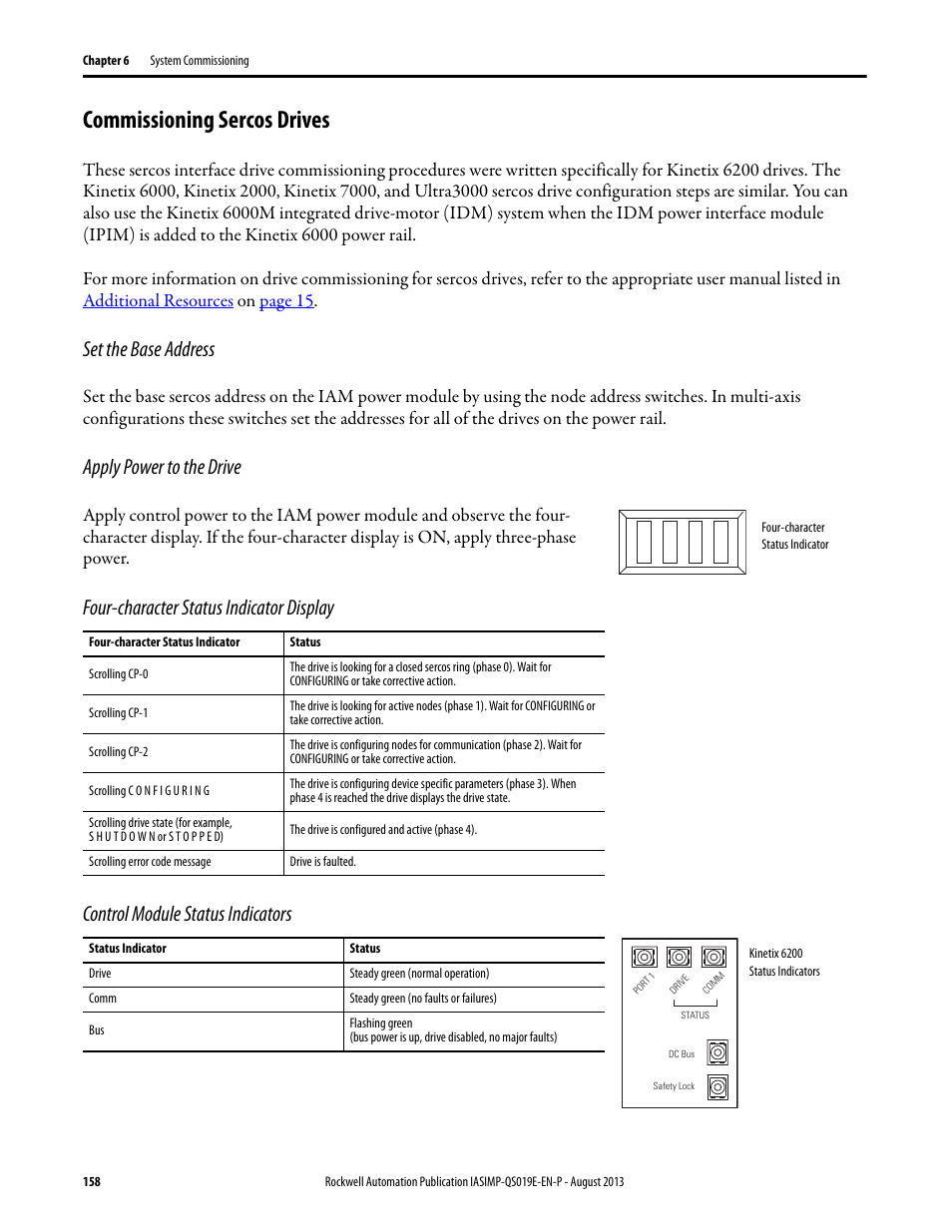 Commissioning sercos drives, Set the base address, Apply power to the drive | Four-character status indicator display, Control module status indicators | Rockwell Automation 193 Drives and Motion Accelerator Toolkit Quick Start User Manual | Page 158 / 356