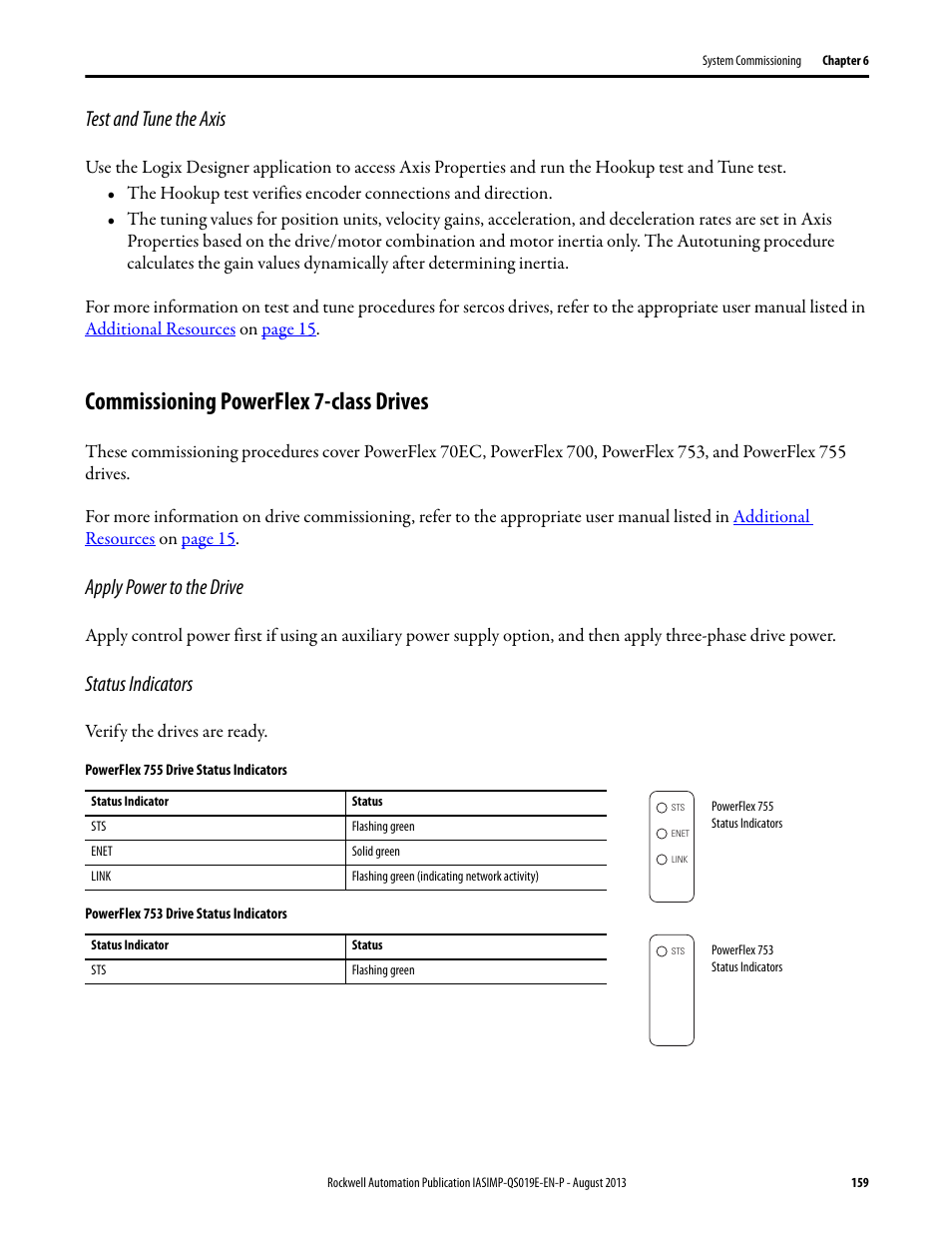 Test and tune the axis, Commissioning powerflex 7-class drives, Apply power to the drive | Status indicators | Rockwell Automation 193 Drives and Motion Accelerator Toolkit Quick Start User Manual | Page 159 / 356