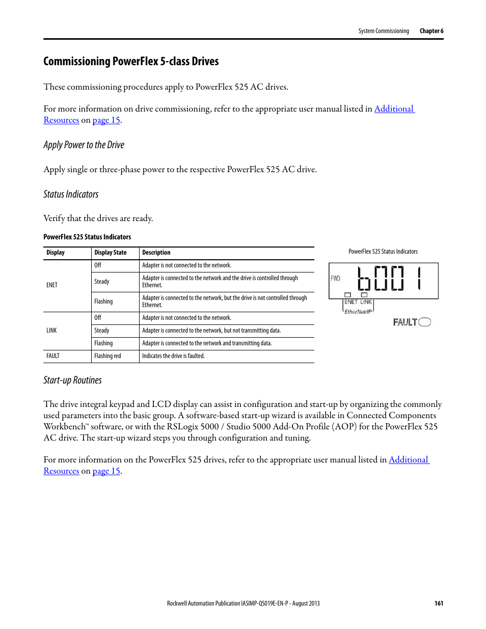Commissioning powerflex 5-class drives, Apply power to the drive, Status indicators | Start-up routines | Rockwell Automation 193 Drives and Motion Accelerator Toolkit Quick Start User Manual | Page 161 / 356