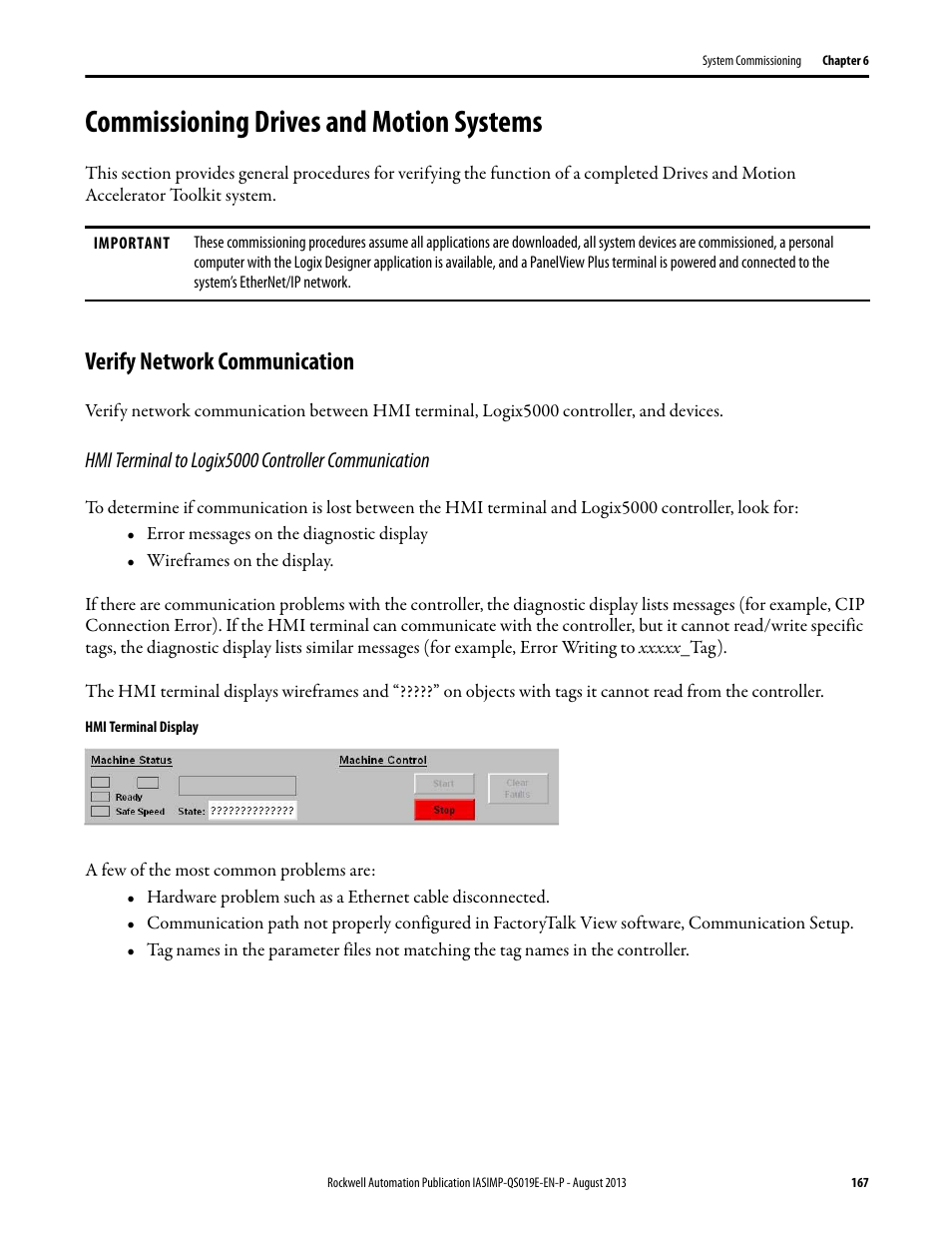 Commissioning drives and motion systems, Verify network communication, Hmi terminal to logix5000 controller communication | Commissioning drives and, Motion systems | Rockwell Automation 193 Drives and Motion Accelerator Toolkit Quick Start User Manual | Page 167 / 356