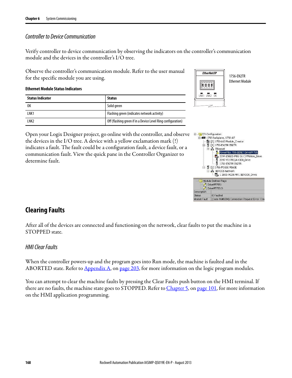 Controller to device communication, Clearing faults, Hmi clear faults | Rockwell Automation 193 Drives and Motion Accelerator Toolkit Quick Start User Manual | Page 168 / 356