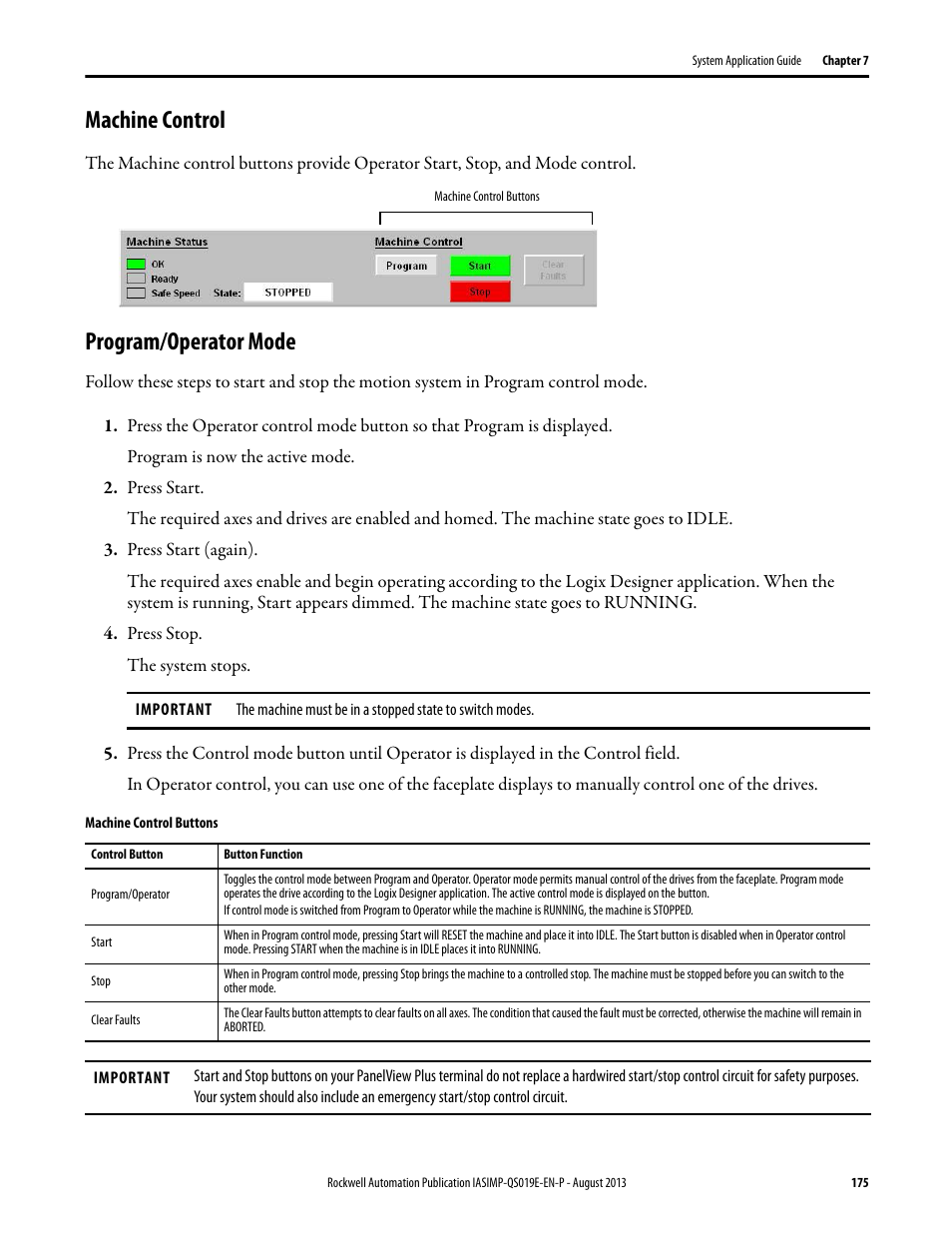 Machine control, Program/operator mode, Machine control program/operator mode | Rockwell Automation 193 Drives and Motion Accelerator Toolkit Quick Start User Manual | Page 175 / 356