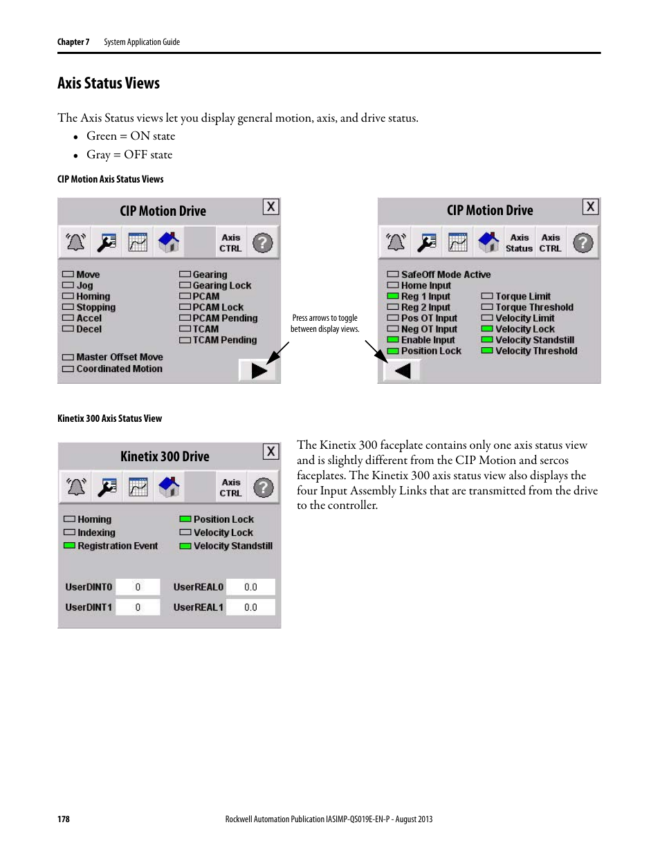 Axis status views, Cip motion drive, Cip motion drive kinetix 300 drive | Rockwell Automation 193 Drives and Motion Accelerator Toolkit Quick Start User Manual | Page 178 / 356