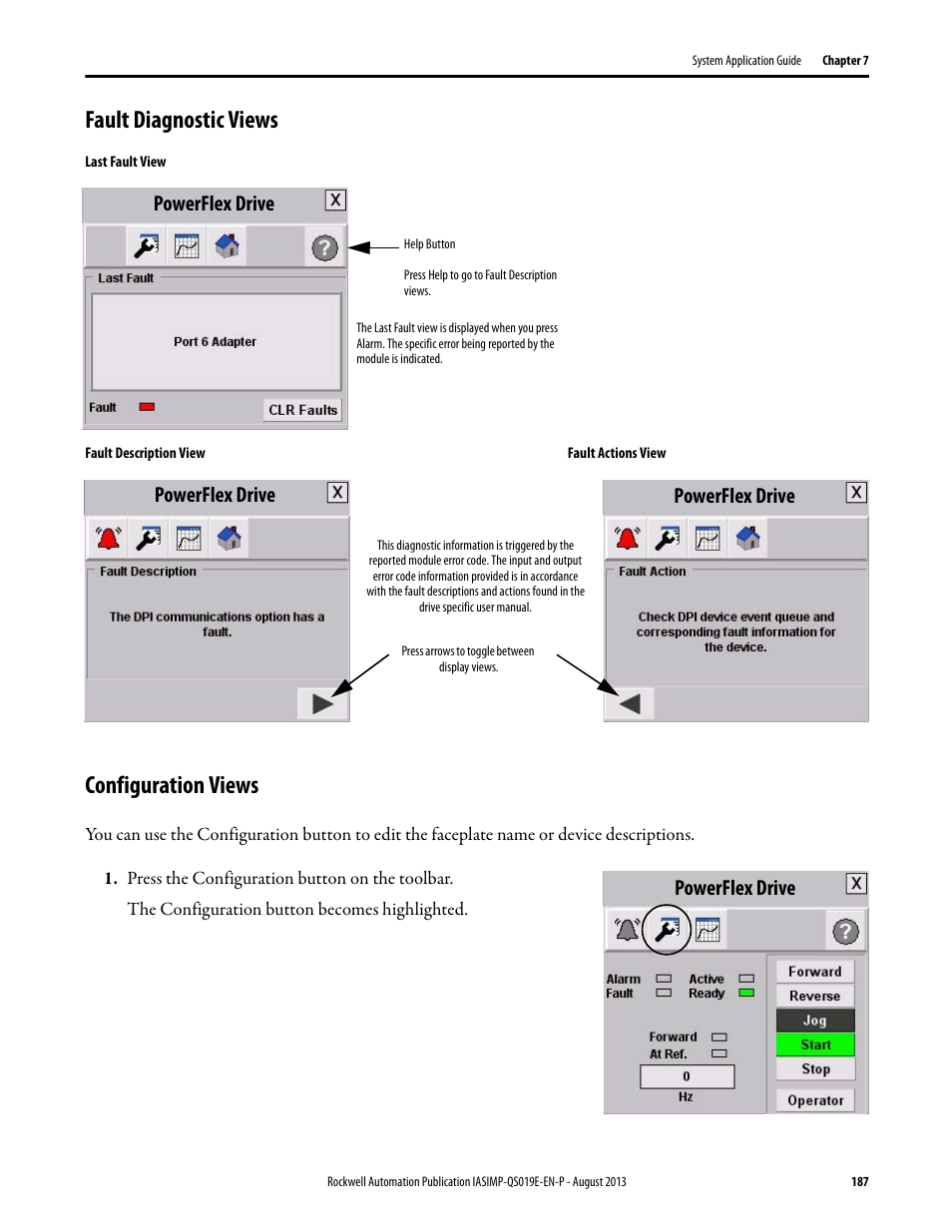 Fault diagnostic views, Configuration views, Fault diagnostic views configuration views | Powerflex drive | Rockwell Automation 193 Drives and Motion Accelerator Toolkit Quick Start User Manual | Page 187 / 356