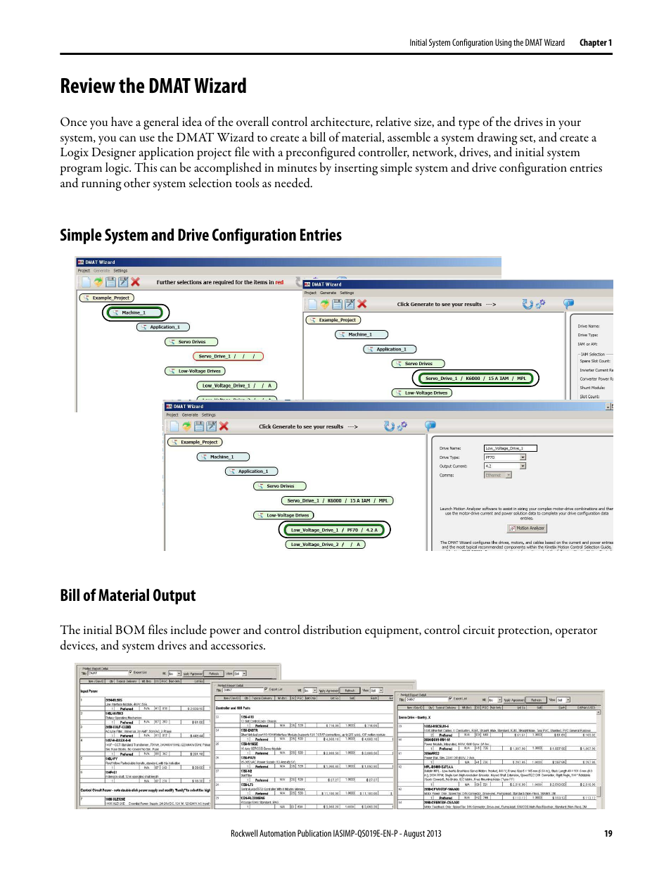 Review the dmat wizard, Simple system and drive configuration entries, Bill of material output | Rockwell Automation 193 Drives and Motion Accelerator Toolkit Quick Start User Manual | Page 19 / 356