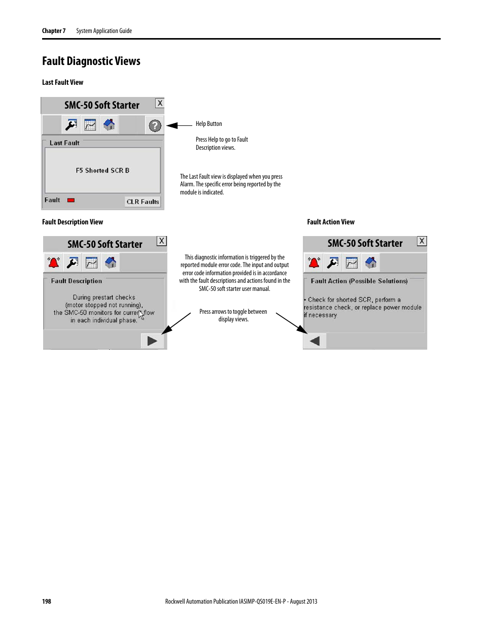 Fault diagnostic views, Smc-50 soft starter | Rockwell Automation 193 Drives and Motion Accelerator Toolkit Quick Start User Manual | Page 198 / 356
