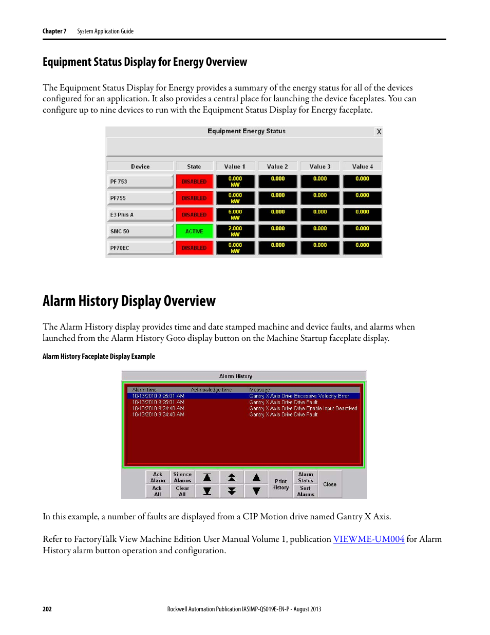 Equipment status display for energy overview, Alarm history display overview | Rockwell Automation 193 Drives and Motion Accelerator Toolkit Quick Start User Manual | Page 202 / 356