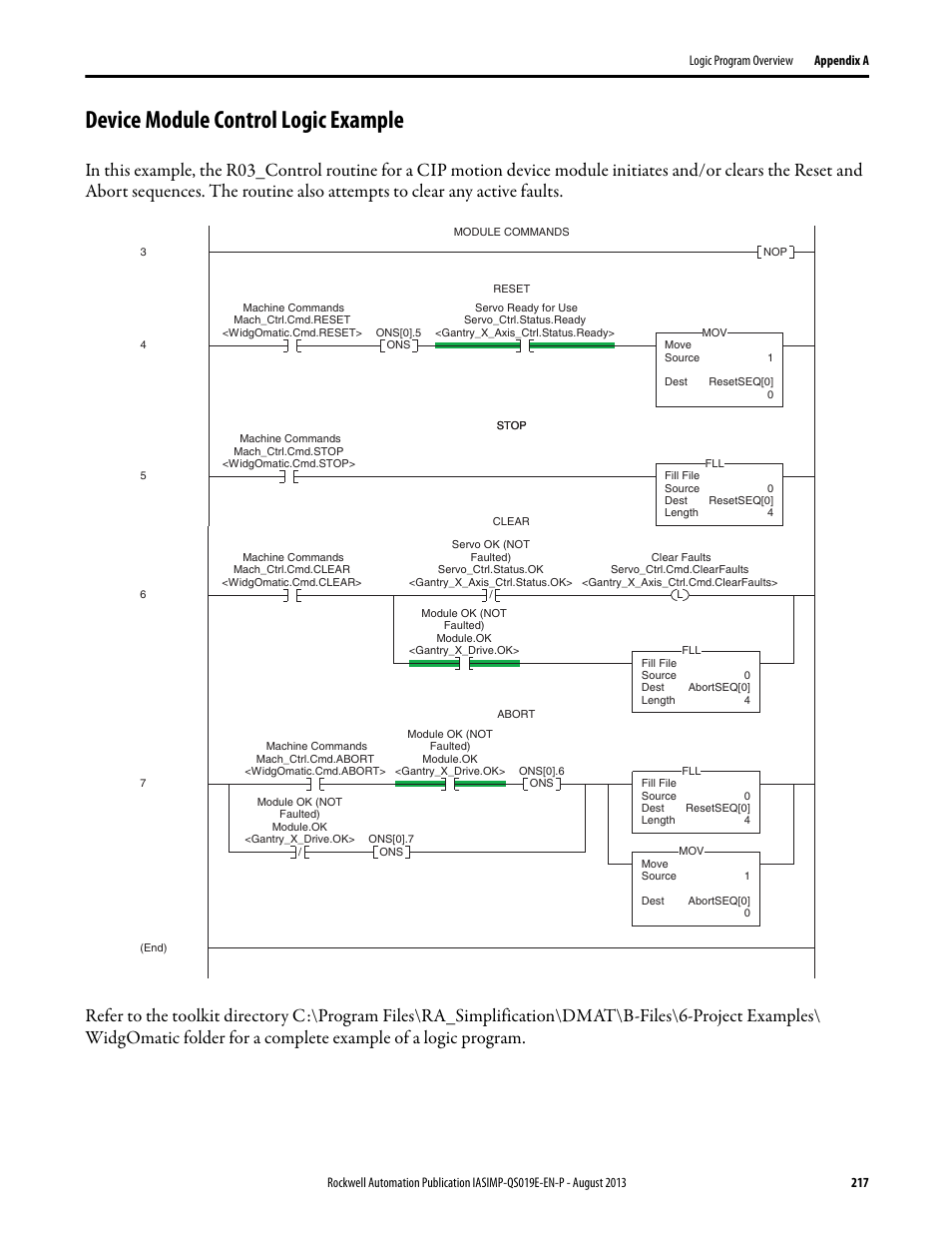 Device module control logic example | Rockwell Automation 193 Drives and Motion Accelerator Toolkit Quick Start User Manual | Page 217 / 356