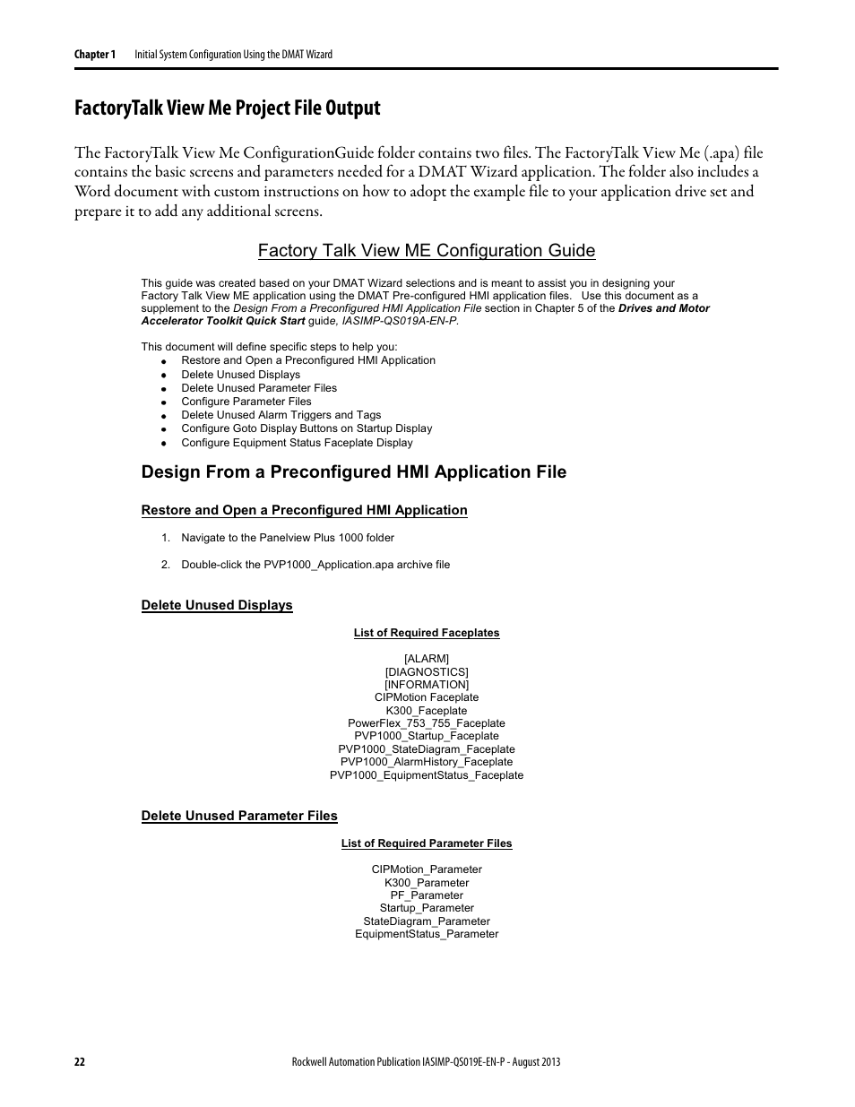 Factorytalk view me project file output, Factory talk view me configuration guide, Design from a preconfigured hmi application file | Rockwell Automation 193 Drives and Motion Accelerator Toolkit Quick Start User Manual | Page 22 / 356
