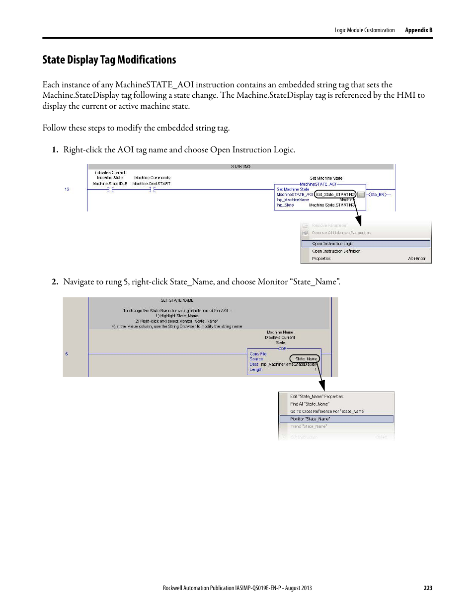 State display tag modifications, Er to state display tag modifications, For mor | Rockwell Automation 193 Drives and Motion Accelerator Toolkit Quick Start User Manual | Page 223 / 356