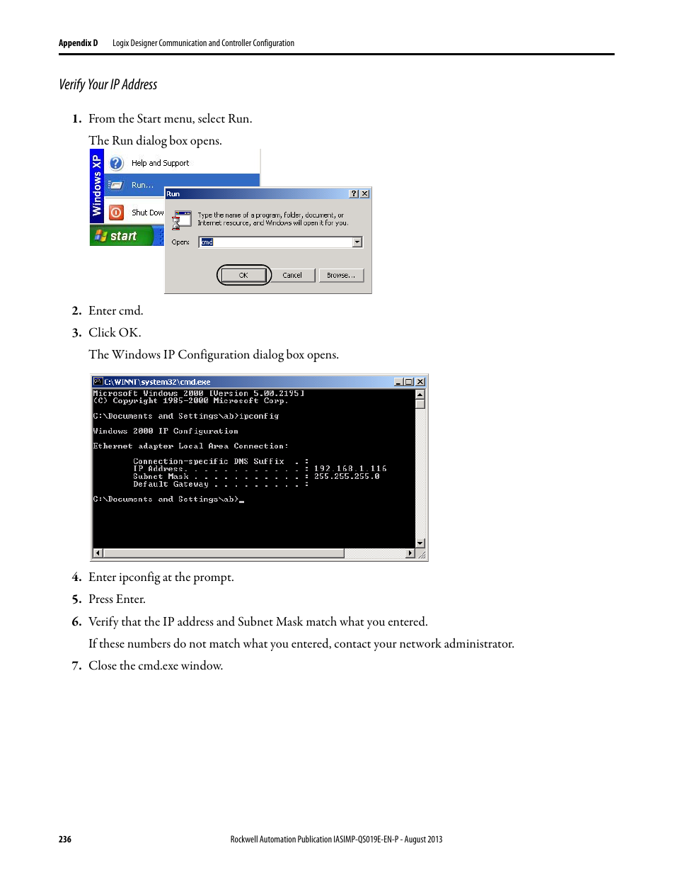 Verify your ip address | Rockwell Automation 193 Drives and Motion Accelerator Toolkit Quick Start User Manual | Page 236 / 356