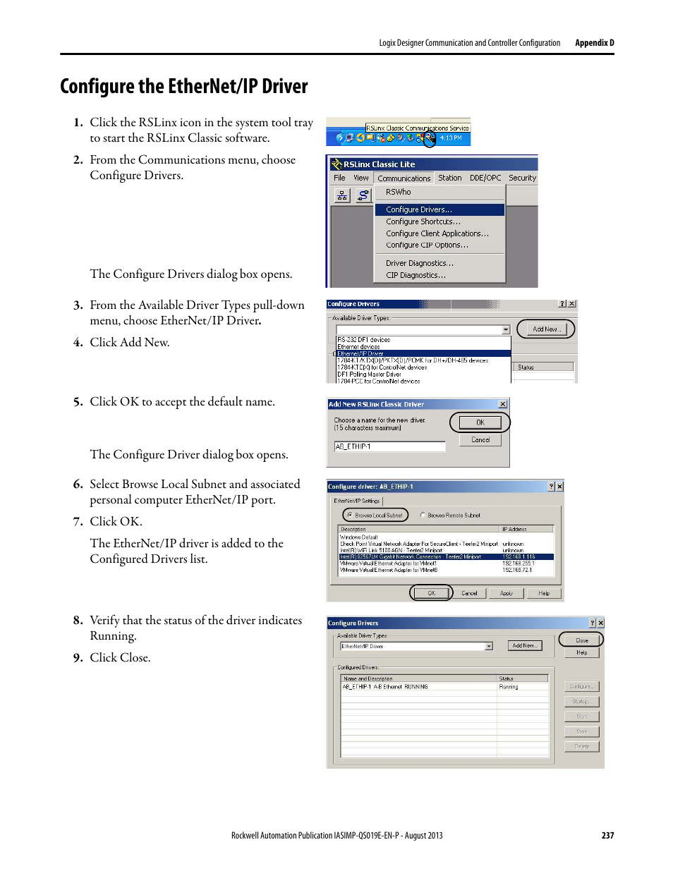 Configure the ethernet/ip driver | Rockwell Automation 193 Drives and Motion Accelerator Toolkit Quick Start User Manual | Page 237 / 356
