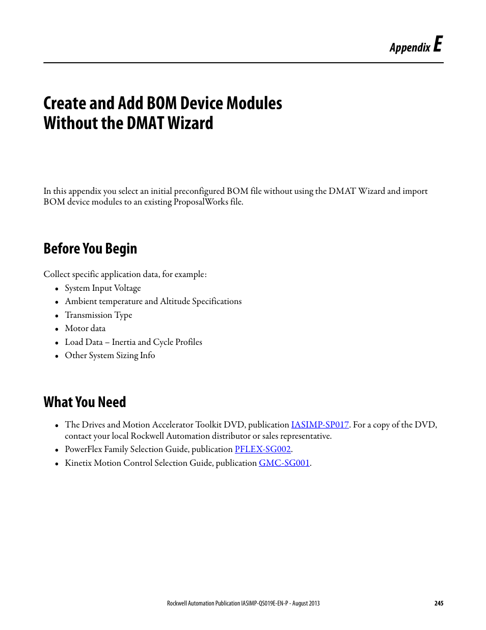 Before you begin, What you need, Appendix e | Before you begin what you need, Appendix | Rockwell Automation 193 Drives and Motion Accelerator Toolkit Quick Start User Manual | Page 245 / 356