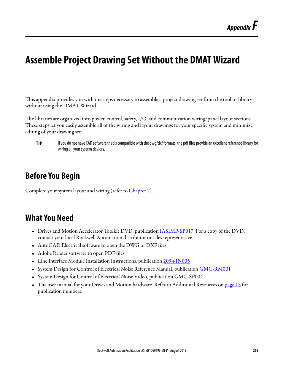 Before you begin, What you need, Appendix f | Before you begin what you need, Appendix | Rockwell Automation 193 Drives and Motion Accelerator Toolkit Quick Start User Manual | Page 255 / 356