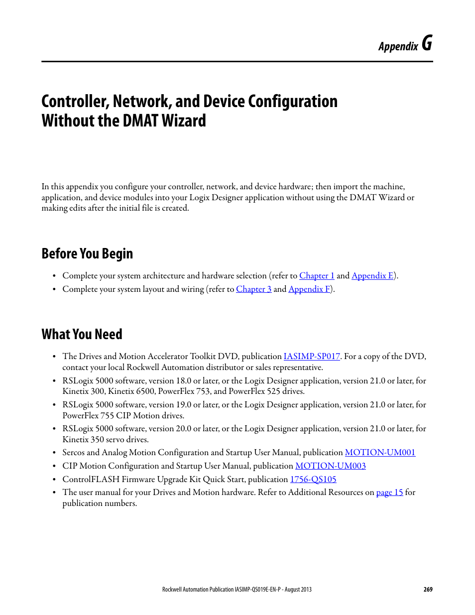 Before you begin, What you need, Appendix g | Before you begin what you need, Lete, Appendix | Rockwell Automation 193 Drives and Motion Accelerator Toolkit Quick Start User Manual | Page 269 / 356