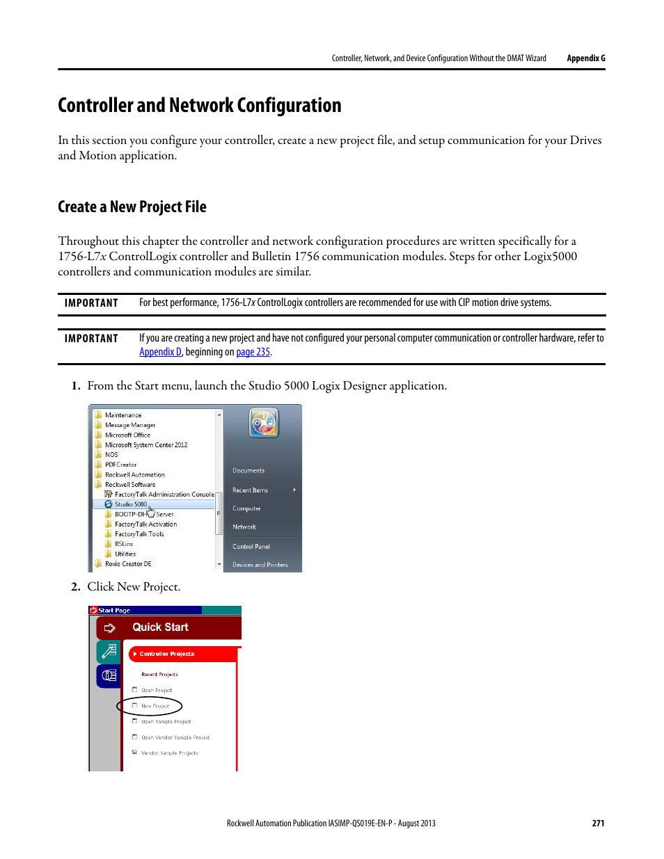 Controller and network configuration, Create a new project file, Controller and network | Configuration | Rockwell Automation 193 Drives and Motion Accelerator Toolkit Quick Start User Manual | Page 271 / 356
