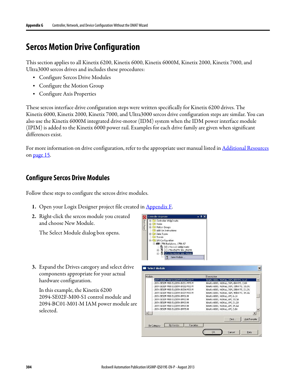 Sercos motion drive configuration, Configure sercos drive modules, Step 2 | Rockwell Automation 193 Drives and Motion Accelerator Toolkit Quick Start User Manual | Page 304 / 356