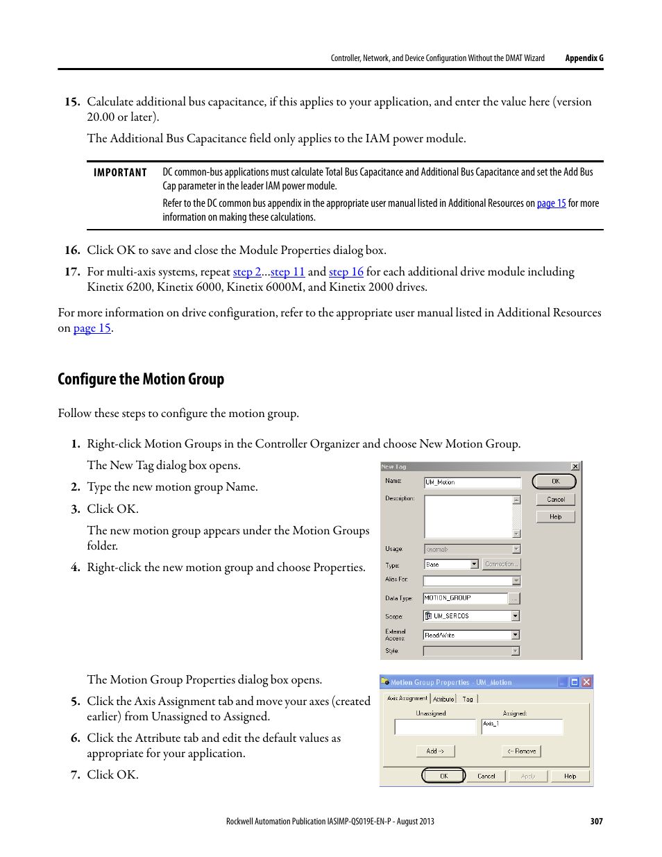Configure the motion group | Rockwell Automation 193 Drives and Motion Accelerator Toolkit Quick Start User Manual | Page 307 / 356