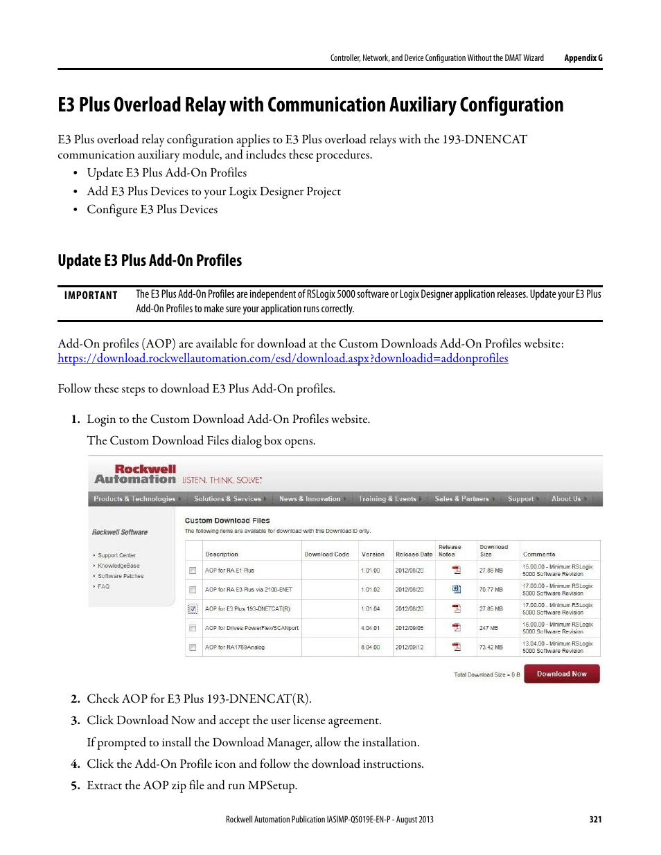 Update e3 plus add-on profiles, E3 plus overload relay with, Communication auxiliary | Configuration | Rockwell Automation 193 Drives and Motion Accelerator Toolkit Quick Start User Manual | Page 321 / 356