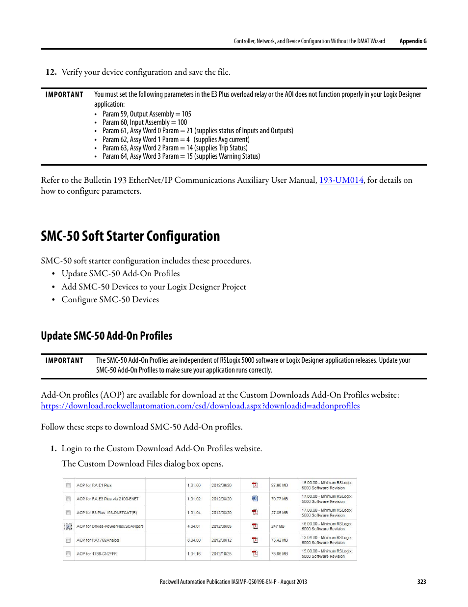 Smc-50 soft starter configuration, Update smc-50 add-on profiles | Rockwell Automation 193 Drives and Motion Accelerator Toolkit Quick Start User Manual | Page 323 / 356