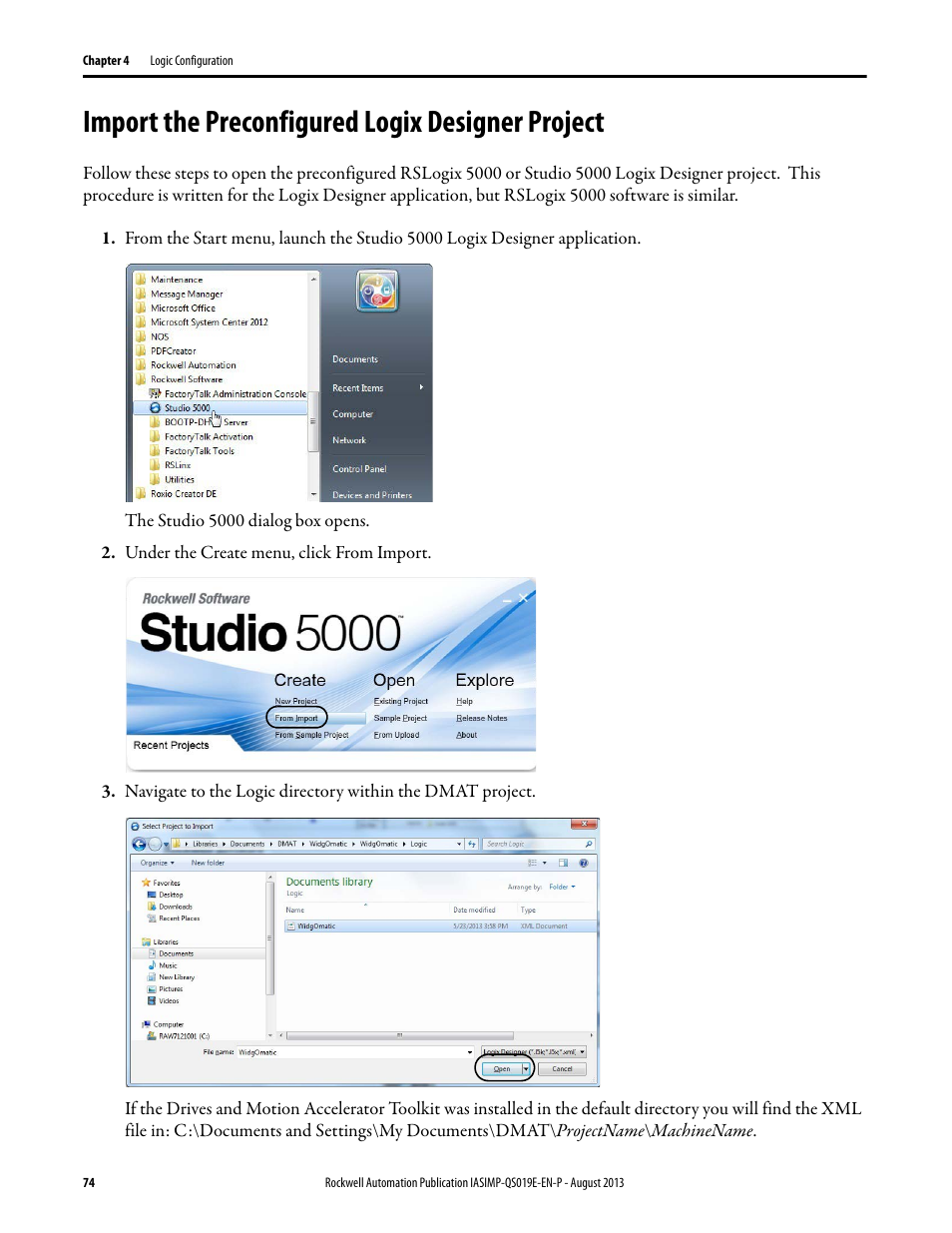 Import the preconfigured logix designer project, Import the preconfigured logix, Designer project | Rockwell Automation 193 Drives and Motion Accelerator Toolkit Quick Start User Manual | Page 74 / 356