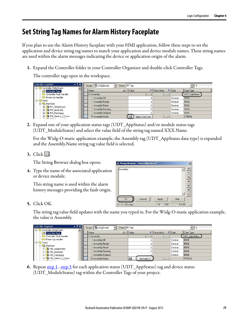 Set string tag names for alarm history faceplate, Set string tag names for, Alarm history faceplate | Rockwell Automation 193 Drives and Motion Accelerator Toolkit Quick Start User Manual | Page 77 / 356