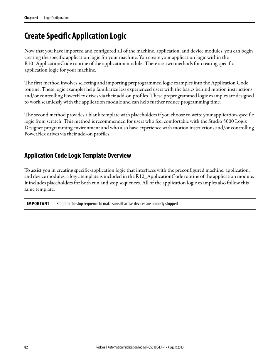Create specific application logic, Application code logic template overview | Rockwell Automation 193 Drives and Motion Accelerator Toolkit Quick Start User Manual | Page 82 / 356