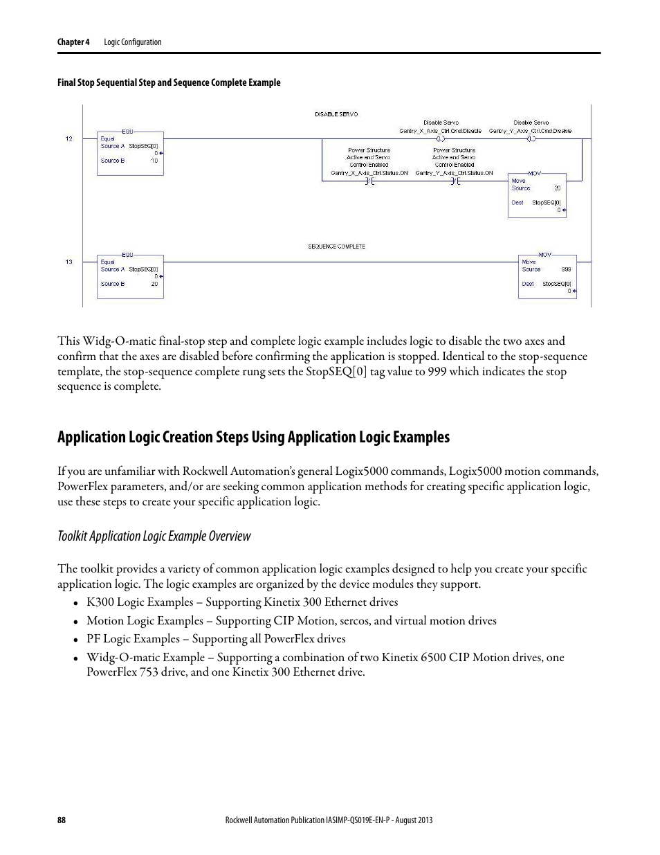 Toolkit application logic example overview, Application logic creation steps using, Application logic examples | Rockwell Automation 193 Drives and Motion Accelerator Toolkit Quick Start User Manual | Page 88 / 356