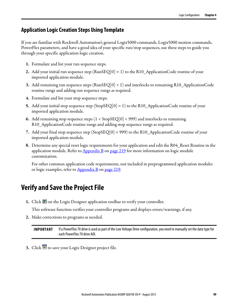 Application logic creation steps using template, Verify and save the project file, Application logic creation steps using | Template | Rockwell Automation 193 Drives and Motion Accelerator Toolkit Quick Start User Manual | Page 99 / 356