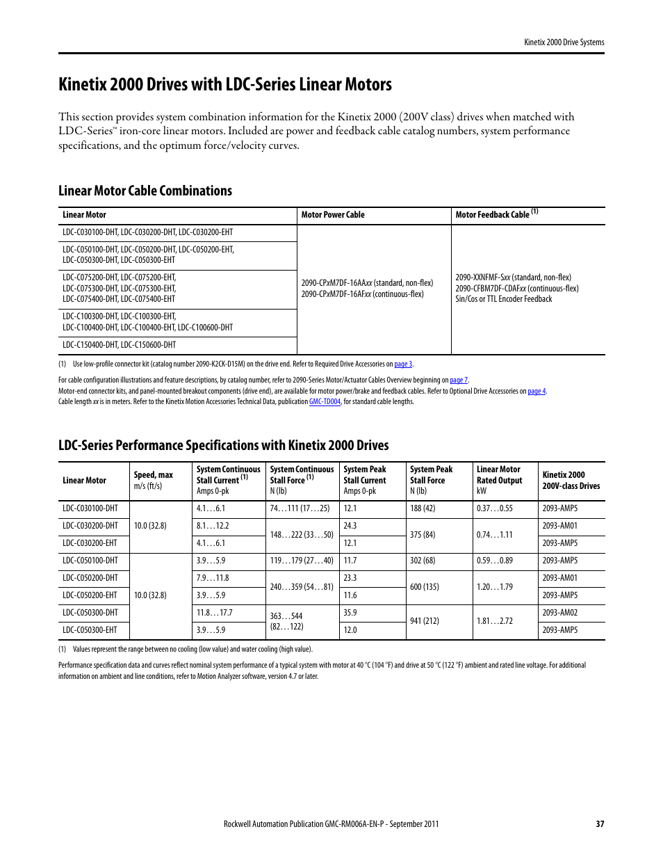 Kinetix 2000 drives with ldc-series, Linear motor cable combinations, Kinetix 2000 drives with ldc-series linear motors | Rockwell Automation 2093-AMxx Kinetix 2000 Drive Systems Design Guide User Manual | Page 37 / 46
