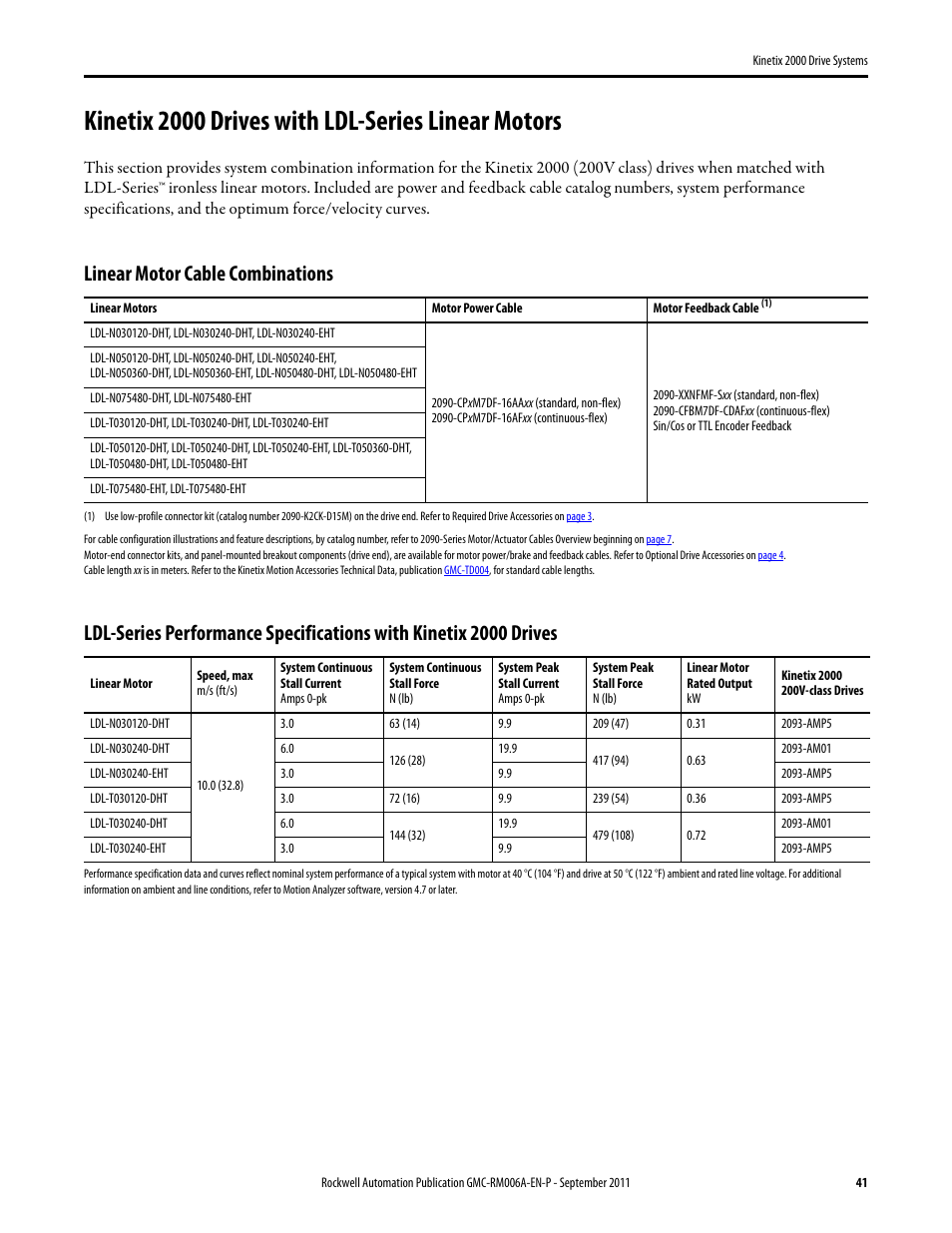 Kinetix 2000 drives with ldl-series, Linear motor cable combinations, Kinetix 2000 drives with ldl-series linear motors | Rockwell Automation 2093-AMxx Kinetix 2000 Drive Systems Design Guide User Manual | Page 41 / 46