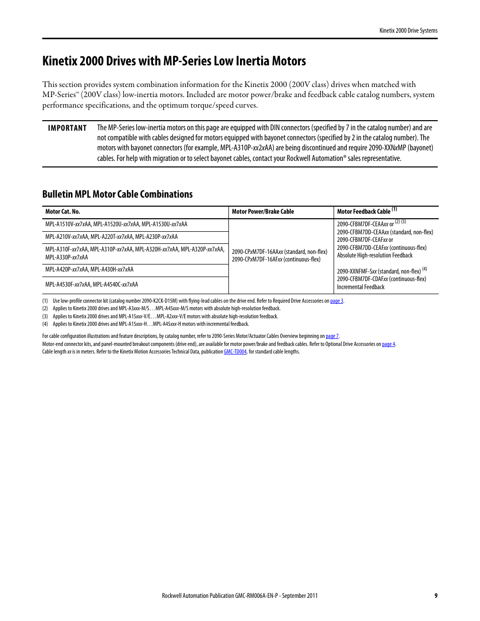 Kinetix 2000 drives with mpl, Bulletin mpl motor cable combinations | Rockwell Automation 2093-AMxx Kinetix 2000 Drive Systems Design Guide User Manual | Page 9 / 46