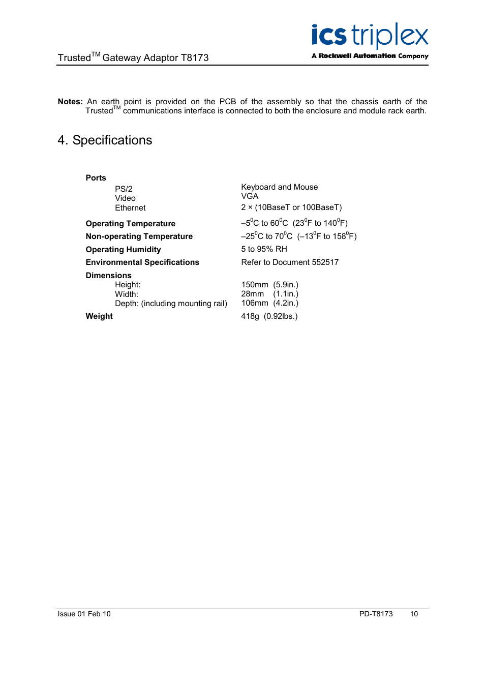 Specifications, Trusted, Gateway adaptor t8173 | Rockwell Automation T8173 Trusted Gateway Adapter User Manual | Page 10 / 10