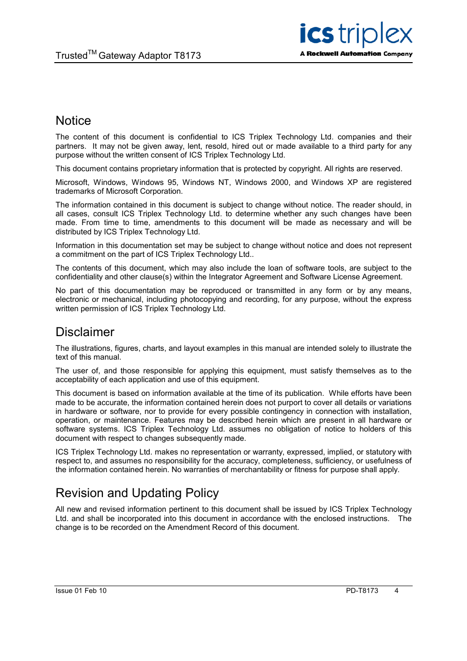 Notice, Disclaimer, Revision and updating policy | Rockwell Automation T8173 Trusted Gateway Adapter User Manual | Page 4 / 10