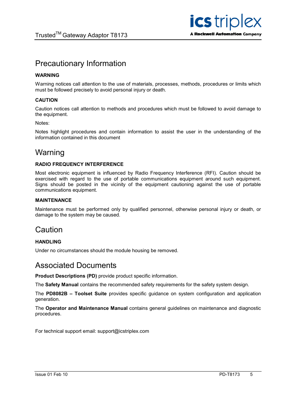 Associated equipment, Precautionary information, Warning | Caution, Associated documents | Rockwell Automation T8173 Trusted Gateway Adapter User Manual | Page 5 / 10