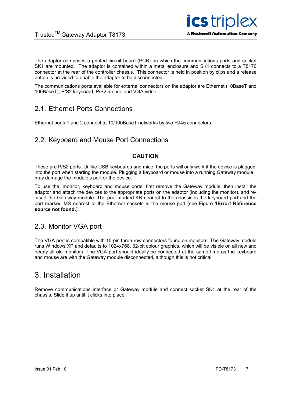 Ethernet ports connections, Keyboard and mouse port connections, Monitor vga port | Installation | Rockwell Automation T8173 Trusted Gateway Adapter User Manual | Page 7 / 10