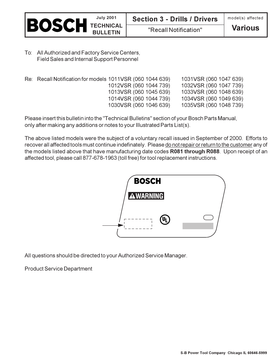 Various, 1034vsr, Recall notification | Bosch 0601045639 User Manual | Page 3 / 3