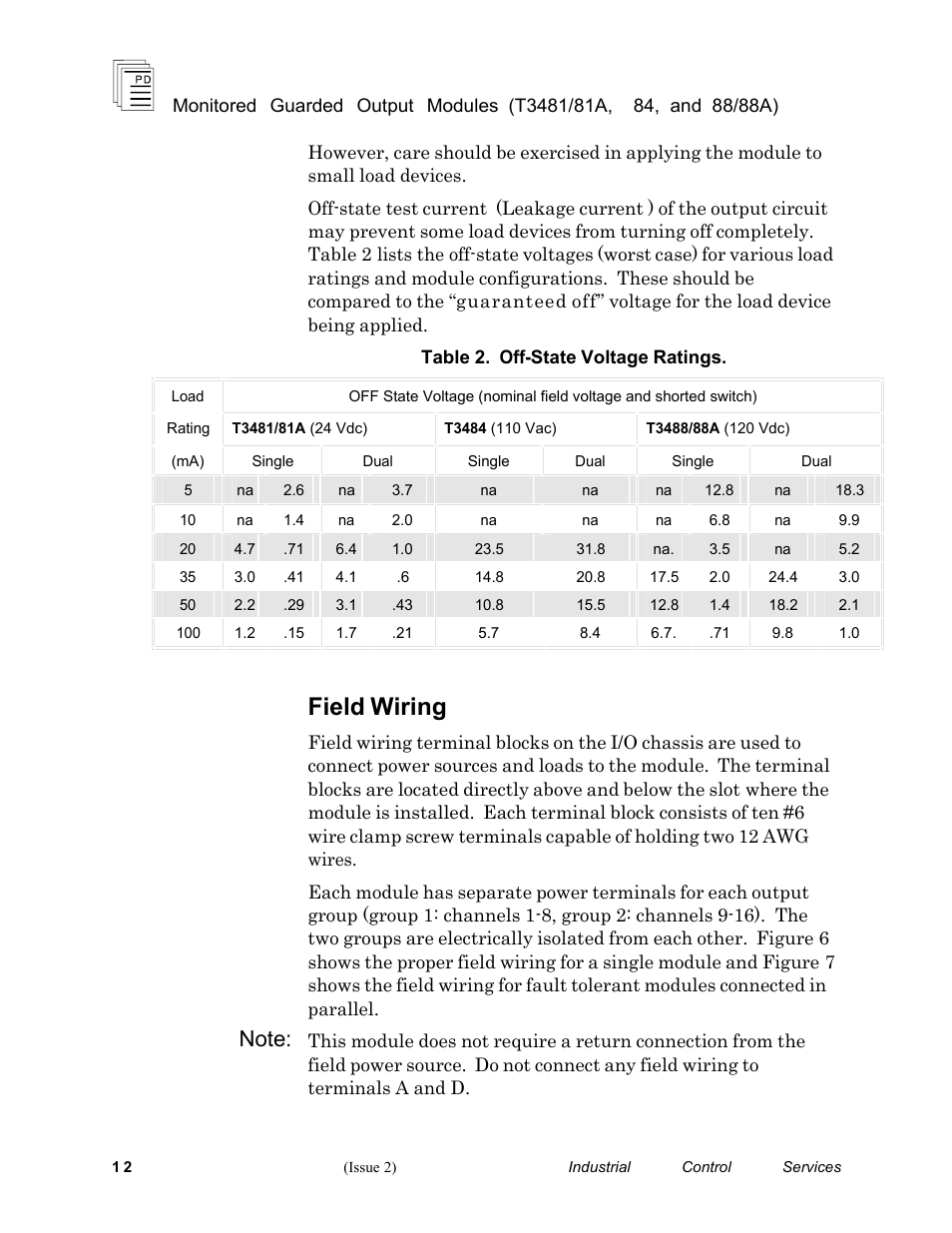 Field wiring | Rockwell Automation T3488/T3488A ICS regent Monitored Guarded Output Modules User Manual | Page 12 / 26