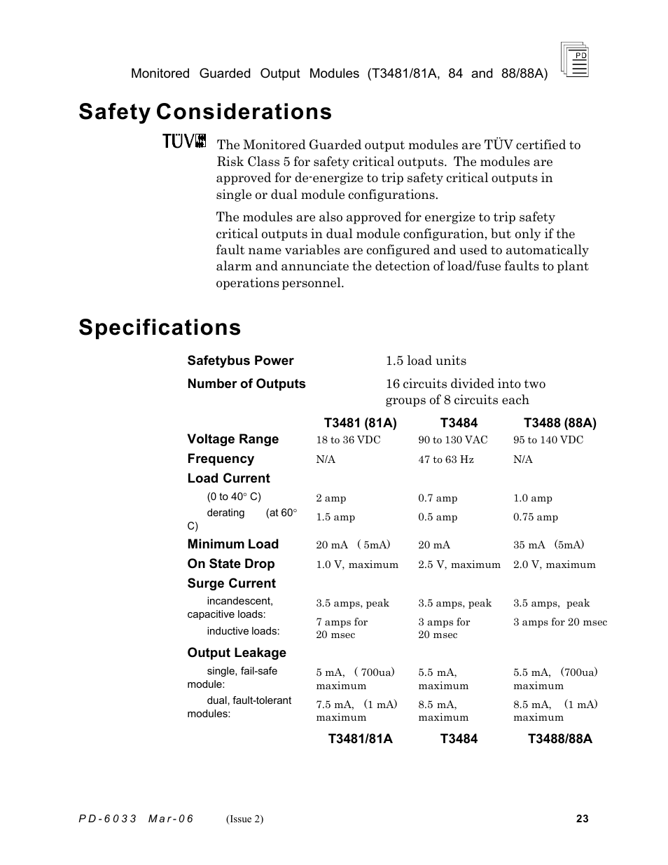 Safety considerations, Specifications | Rockwell Automation T3488/T3488A ICS regent Monitored Guarded Output Modules User Manual | Page 23 / 26