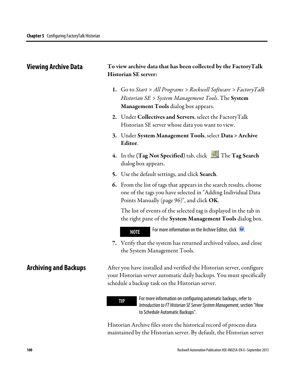 Viewing archive data, Archiving and backups, Viewing archive data archiving and backups | Rockwell Automation FactoryTalk Historian SE 4.0 Installation and Configuration Guide User Manual | Page 100 / 186
