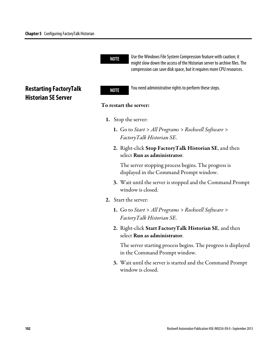 Restarting factorytalk historian se server | Rockwell Automation FactoryTalk Historian SE 4.0 Installation and Configuration Guide User Manual | Page 102 / 186