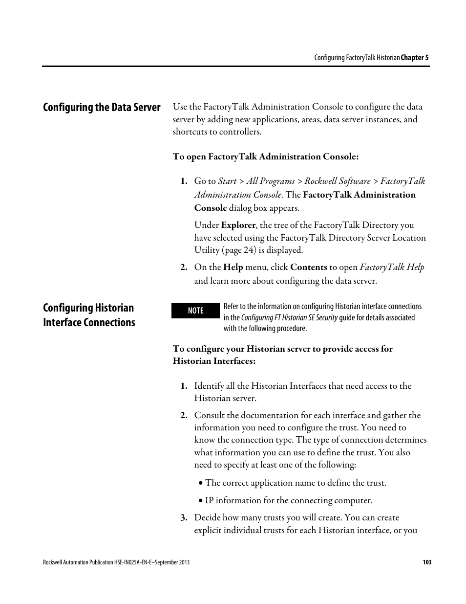 Configuring the data server, Configuring historian interface connections, E 103) | Rockwell Automation FactoryTalk Historian SE 4.0 Installation and Configuration Guide User Manual | Page 103 / 186