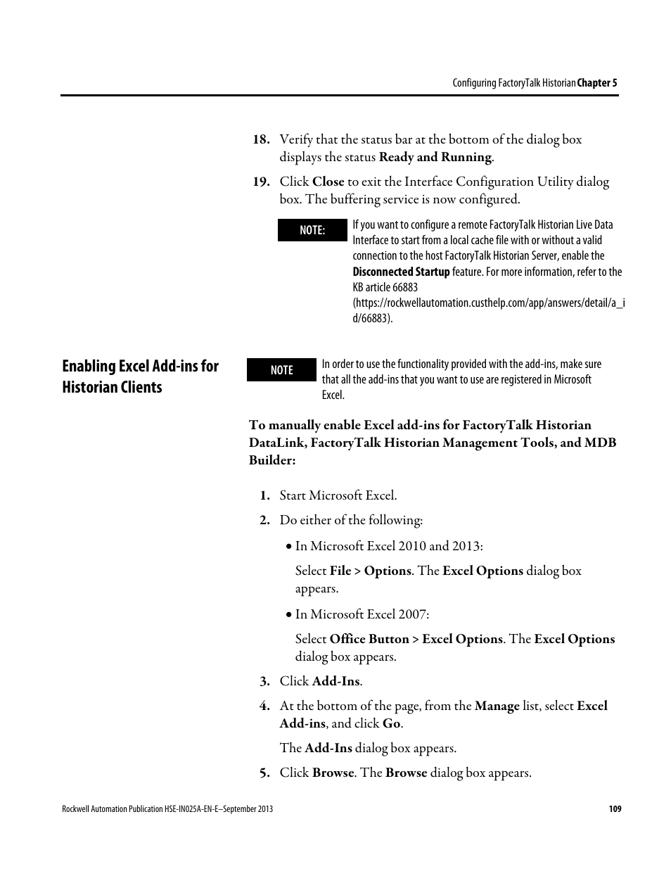 Enabling excel add-ins for historian clients, E 109) | Rockwell Automation FactoryTalk Historian SE 4.0 Installation and Configuration Guide User Manual | Page 109 / 186