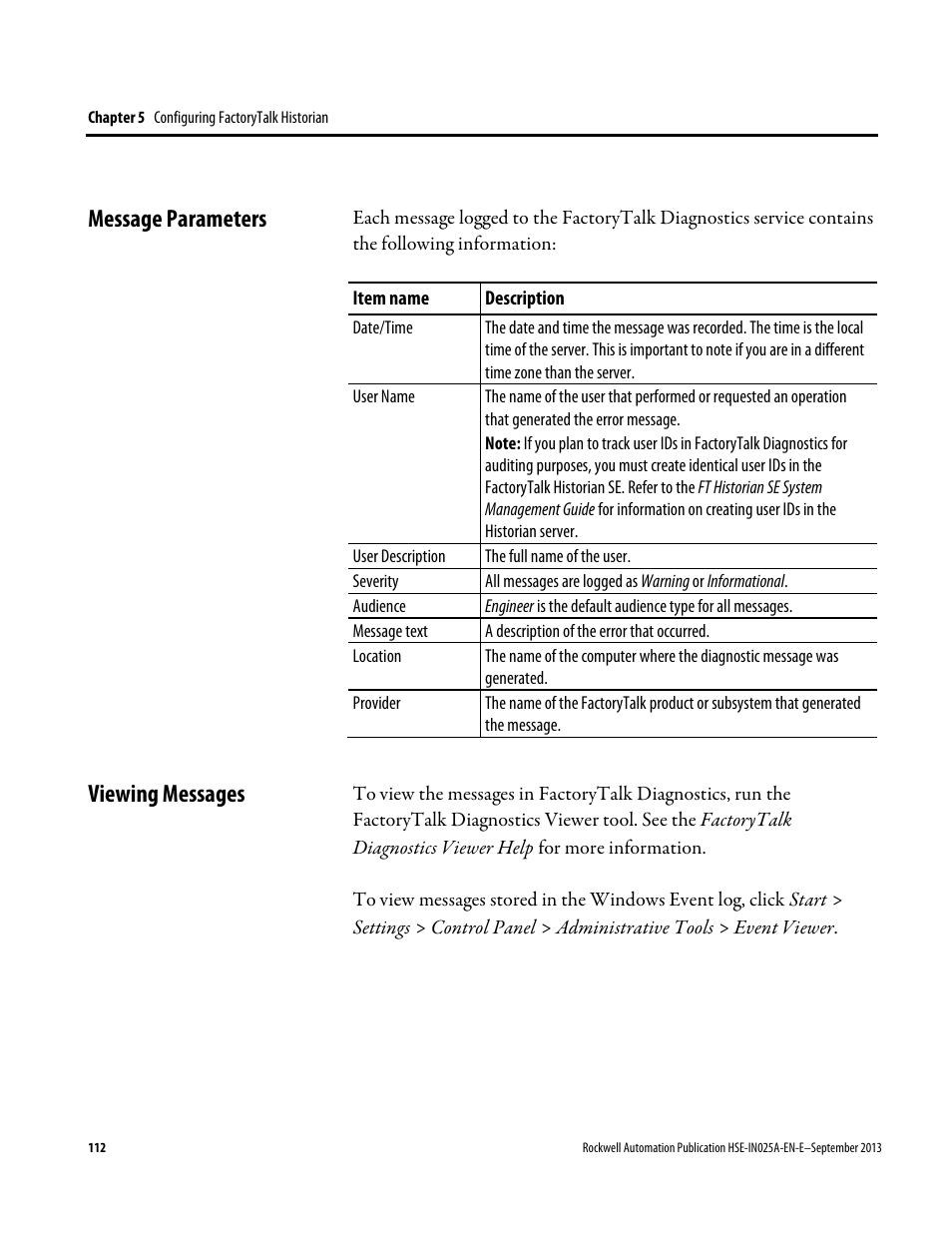 Message parameters, Viewing messages, Message parameters viewing messages | Rockwell Automation FactoryTalk Historian SE 4.0 Installation and Configuration Guide User Manual | Page 112 / 186