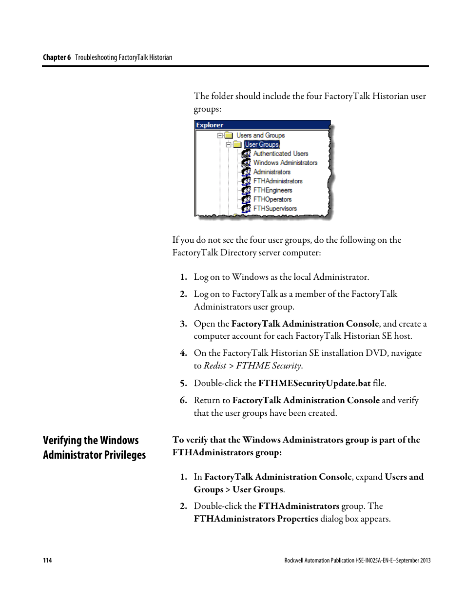 Verifying the windows administrator privileges | Rockwell Automation FactoryTalk Historian SE 4.0 Installation and Configuration Guide User Manual | Page 114 / 186