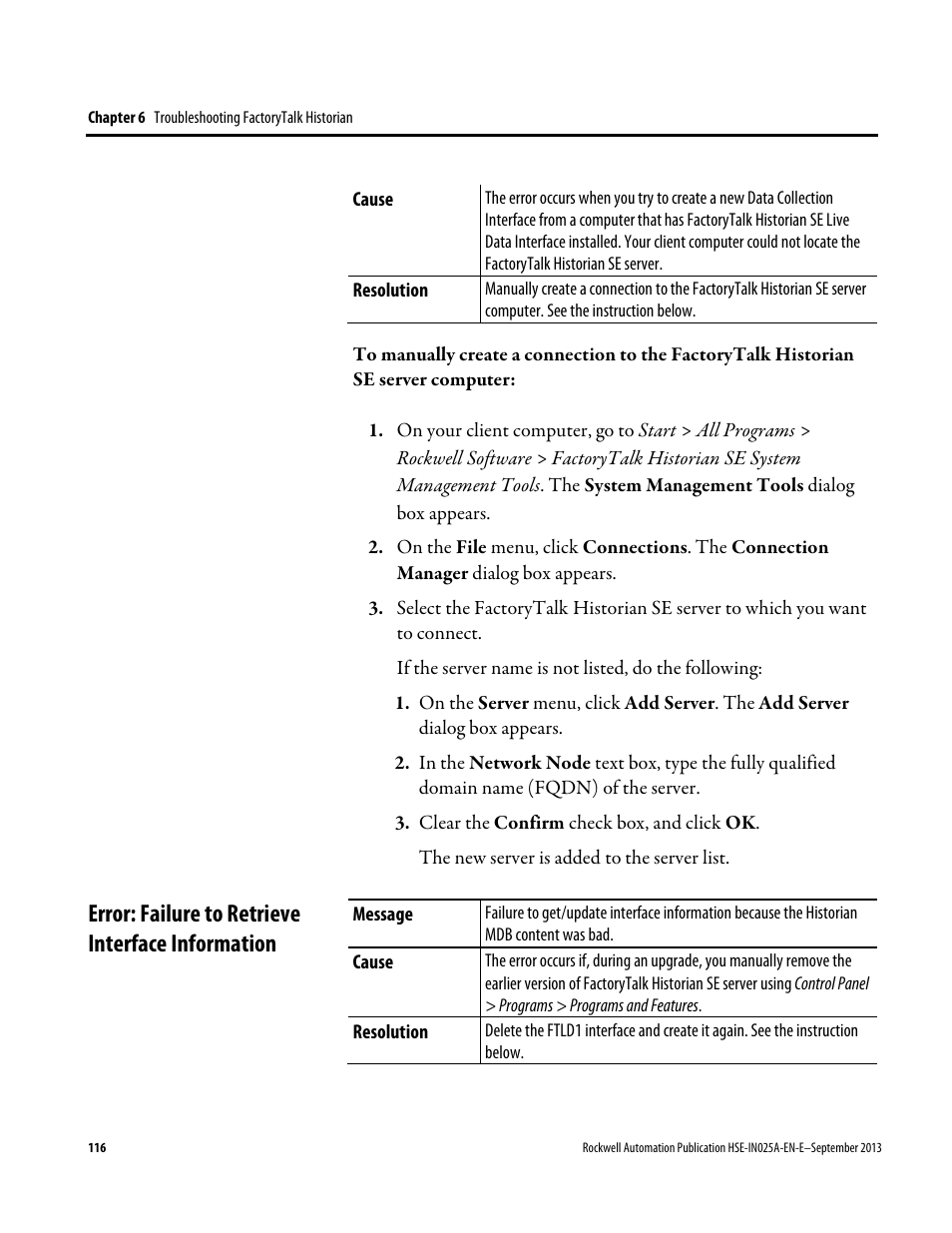 Error: failure to retrieve interface information | Rockwell Automation FactoryTalk Historian SE 4.0 Installation and Configuration Guide User Manual | Page 116 / 186